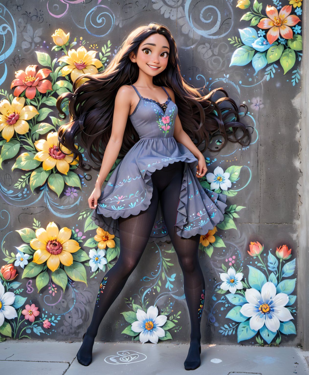 warm light room Beautiful woman with dark long hair against a grey beton background. Smile, black tights, top,full_body,vonnyfelicia,intricate printing pattern, 1 woman, flowers painted with chalk on the concrete wall, beautiful female with summer dress painted with chalk on the concrete wall, disney pixar style, from different camera angles