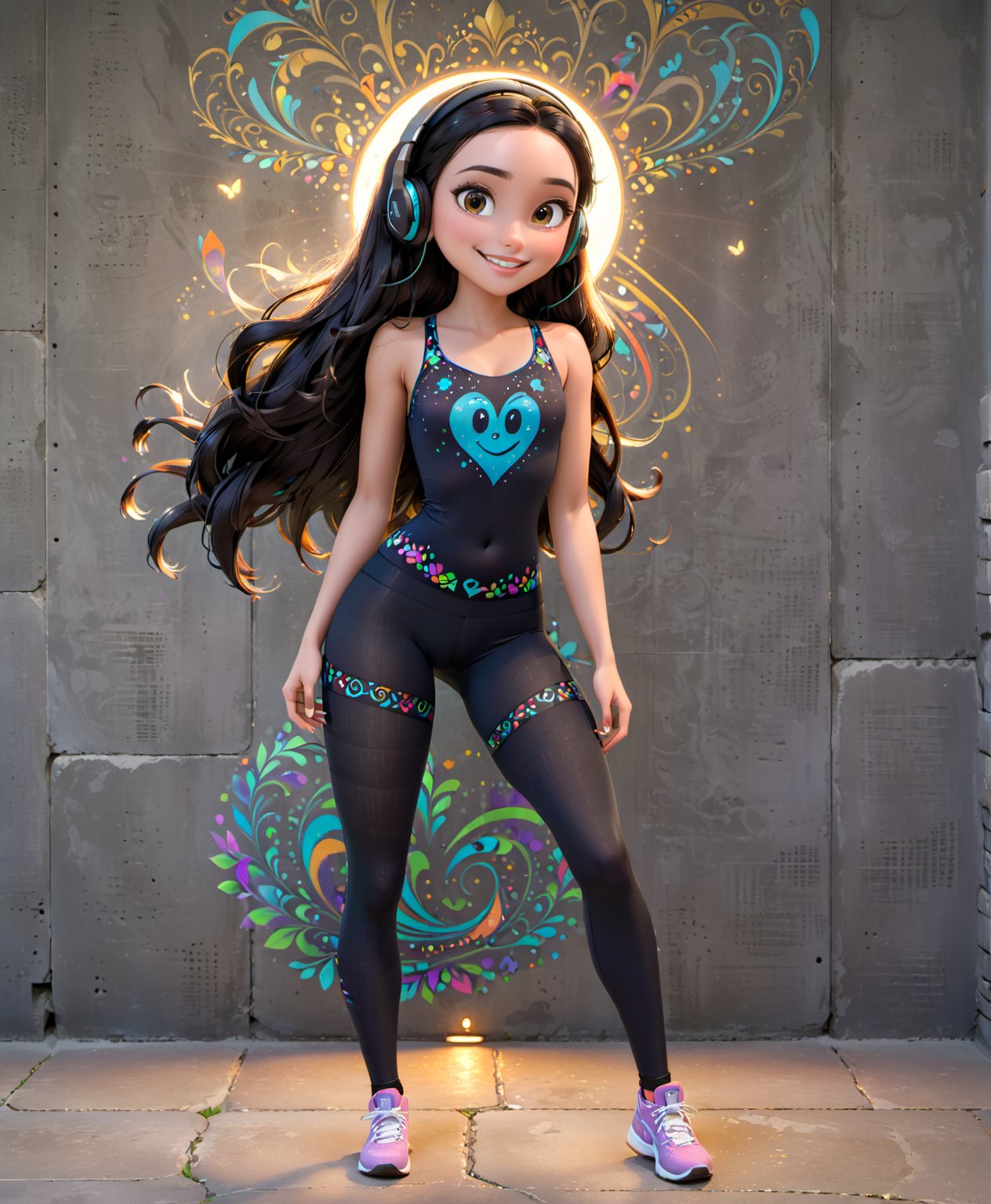 warm light room Beautiful woman with dark long hair against a grey beton background.over-the-ear headphones Smile,black tights top,Girl,full_body,vonnyfelicia,intricate printing pattern ,3d animation,disney pixar style