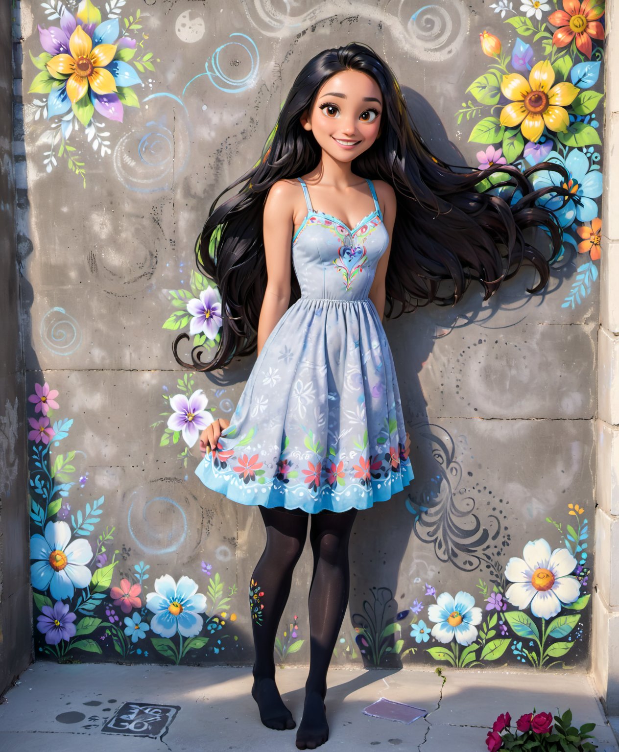 warm light room Beautiful woman with dark long hair against a grey beton background. Smile, black tights, top,full_body,vonnyfelicia,intricate printing pattern, 1 woman, flowers painted with chalk on the concrete wall, beautiful female with summer dress painted with chalk on the concrete wall, disney pixar style, from different camera angles