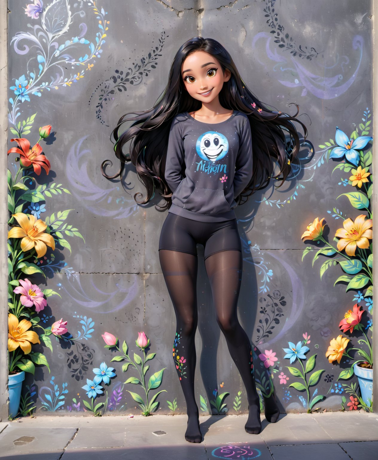 warm light room Beautiful woman with dark long hair against a grey beton background. Smile, black tights, top,full_body,vonnyfelicia,intricate printing pattern, 1 woman, flowers painted with chalk on the concrete wall,disney pixar style