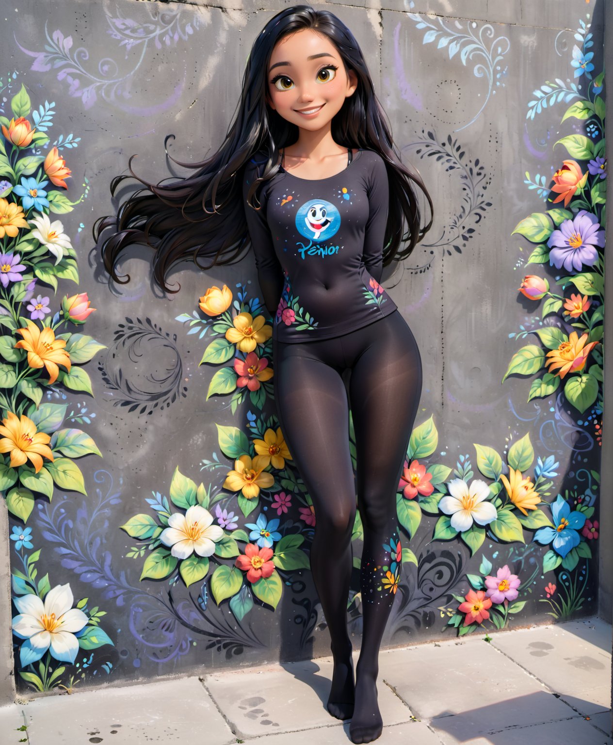 warm light room Beautiful woman with dark long hair against a grey beton background. Smile, black tights, top,full_body,vonnyfelicia,intricate printing pattern, 1 woman, flowers painted with chalk on the concrete wall,disney pixar style