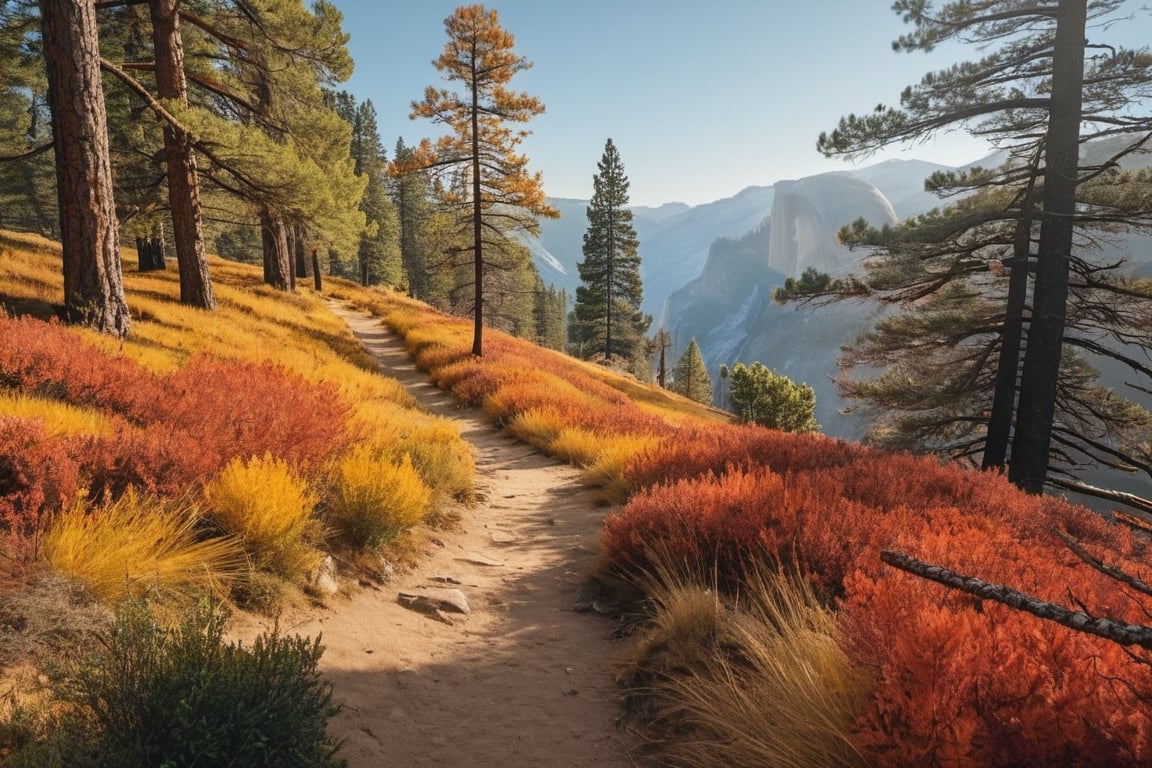 a landscape photograph. there are no people in the picture. 
in the foreground you can see a path it is a narrow, old, washed-out and partly overgrown path with old pine needles that runs through the pine forest. In the background you can see a rocky landscape similar to yosemite national park. It is a golden autumn day with the correspondingly coloured light and foliage in orange-red-yellow tones.,Landskaper, warm light an warm temperature, warm tones, detailed, better landscape, high quality, realistic lighting, realistic light, 8k, 
