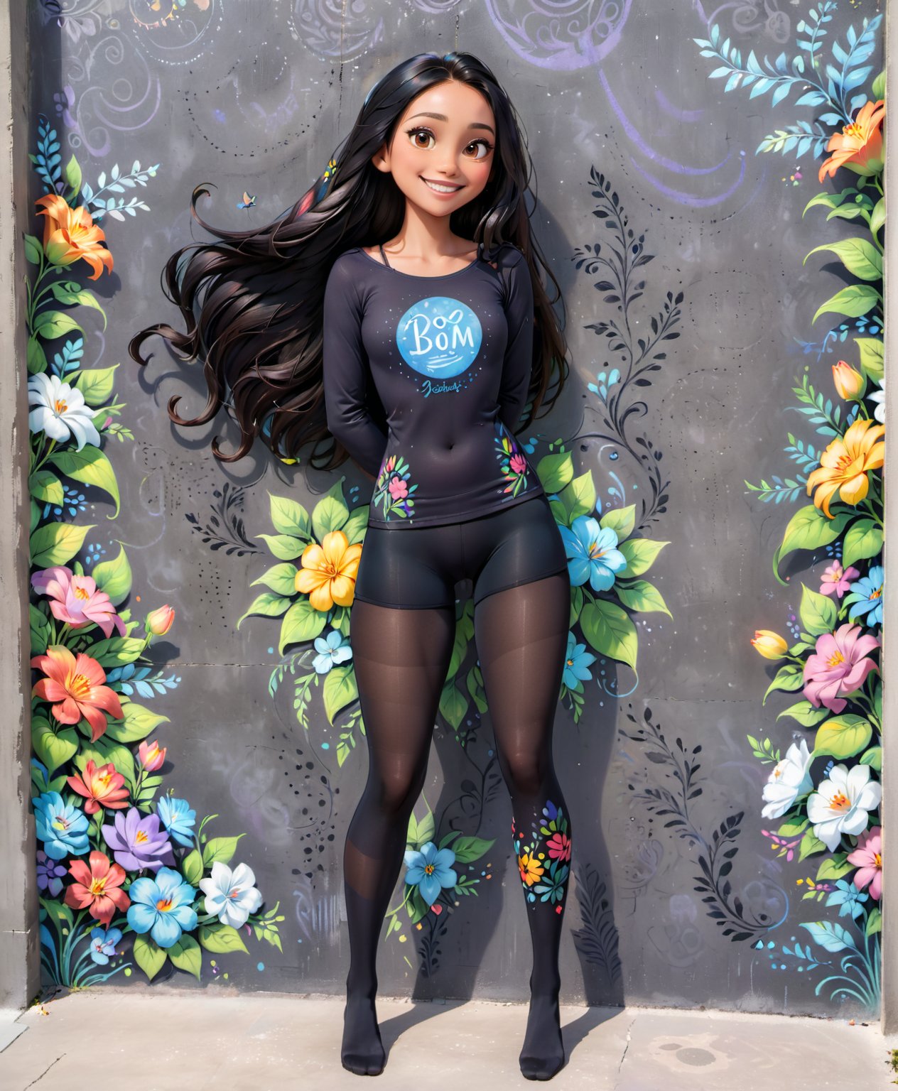 warm light room Beautiful woman with dark long hair against a grey beton background. Smile, black tights, top,full_body,vonnyfelicia,intricate printing pattern, 1 woman, flowers painted with chalk on the concrete wall,disney pixar style