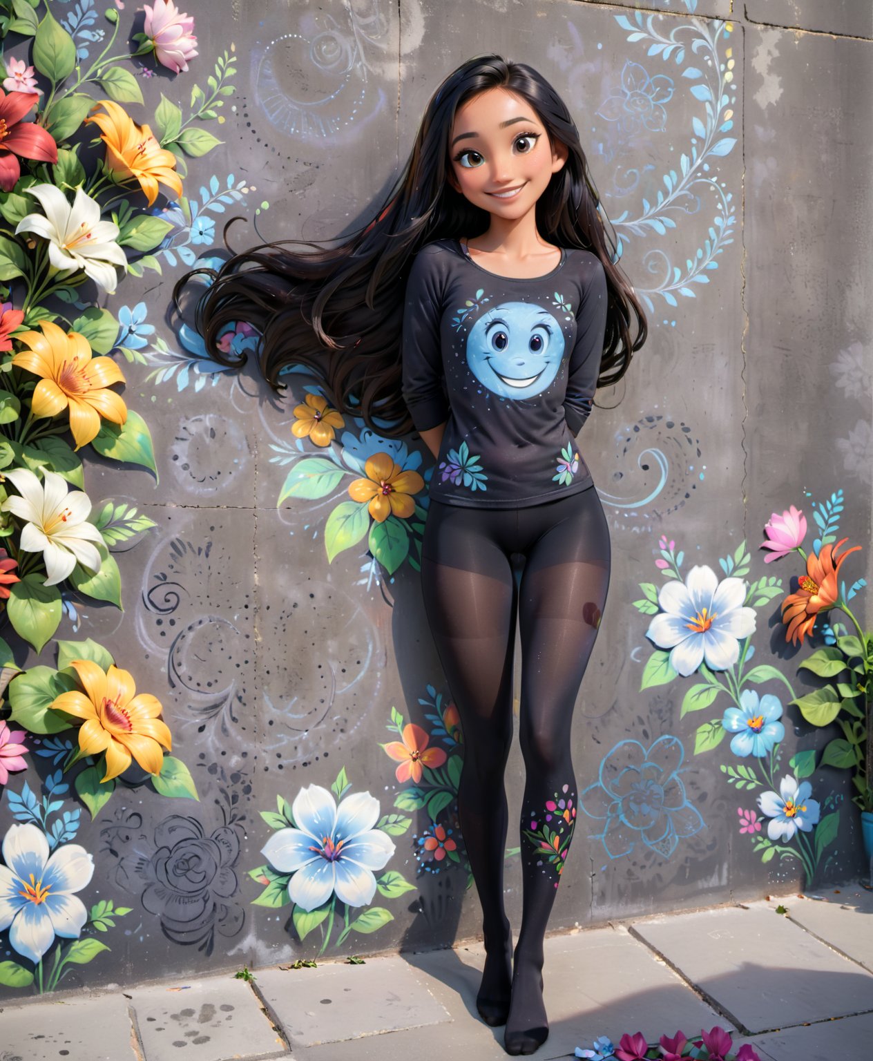 warm light room Beautiful woman with dark long hair against a grey beton background. Smile, black tights, top,full_body,vonnyfelicia,intricate printing pattern, 1 woman, flowers painted with chalk on the concrete wall,disney pixar style, from different camera angles