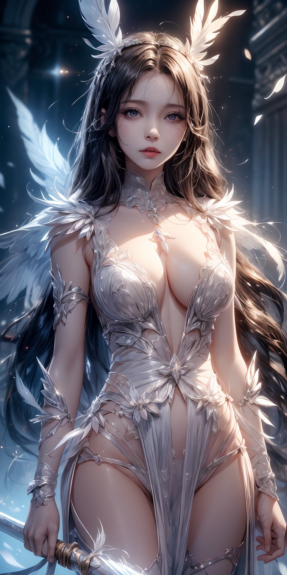 masterpiece, {{{best quality}}}, (illustration)), {{{extremely detailed CG unity 8k, Brilliant light, cinematic lighting, long_focus, cute and charming, sexy body, shiny skin, girl, ghibli animation, white feather_wing, dark hair, tan skin, sheer white silver armor filigree dress, holding a long very thin silver sword with a white ribbon around the handle, 1 girl, large breasts, seductive, correct_anatomy, goddess,