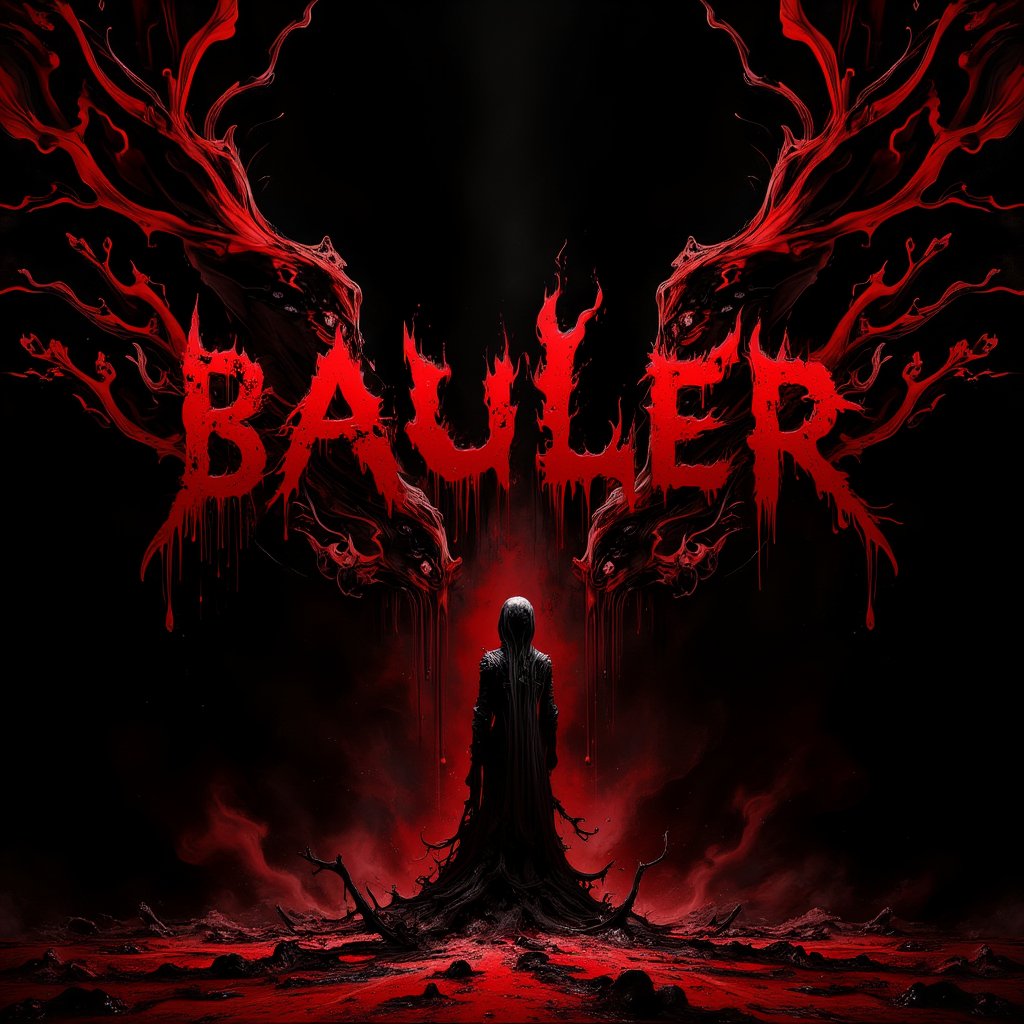 Creepy death metal band artwork, album cover art,
Extreme death metal logo design for the band name "BAULER", Highly complex and bloode red text on pure black background,Sharp, jagged, and elongated letter forms resembling thorny branches or lightning bolts. Symmetrical composition with extensions above and below. Dripping, melting effect on some letters, entire screen has a gloomy, dark atmosphere,Hatune miku, bloody Hatsune Miku wearing a flesh apron placed in the center of the screen, and countless human bones scattered around..,DonM7w1573dW0nd3rl4ndFX,assassinkahb style,DonM5h4d0wM317FX