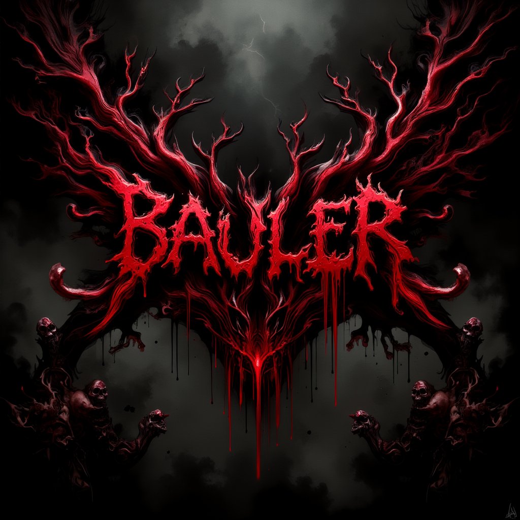 Creepy death metal band artwork, album cover art,
Extreme death metal logo design for the band name "BAULER", Highly complex and bloode red text on pure black background,Sharp, jagged, and elongated letter forms resembling thorny branches or lightning bolts. Symmetrical composition with extensions above and below. Dripping, melting effect on some letters, entire screen has a gloomy, dark atmosphere,Hatune miku, bloody Hatsune Miku wearing a flesh apron placed in the center of the screen, and countless human bones scattered around..,DonM7w1573dW0nd3rl4ndFX,assassinkahb style,DonM5h4d0wM317FX