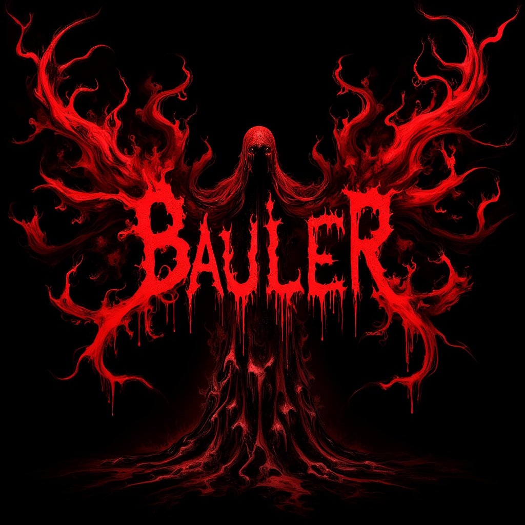 Creepy death metal band artwork, album cover art,
Extreme death metal logo design for the band name "BAULER", Highly complex and bloode red text on pure black background,Sharp, jagged, and elongated letter forms resembling thorny branches or lightning bolts. Symmetrical composition with extensions above and below. Dripping, melting effect on some letters, entire screen has a gloomy, dark atmosphere,Hatune miku, bloody Hatsune Miku wearing a flesh apron placed in the center of the screen, and countless human bones scattered around..,DonM7w1573dW0nd3rl4ndFX,assassinkahb style,DonM5h4d0wM317FX