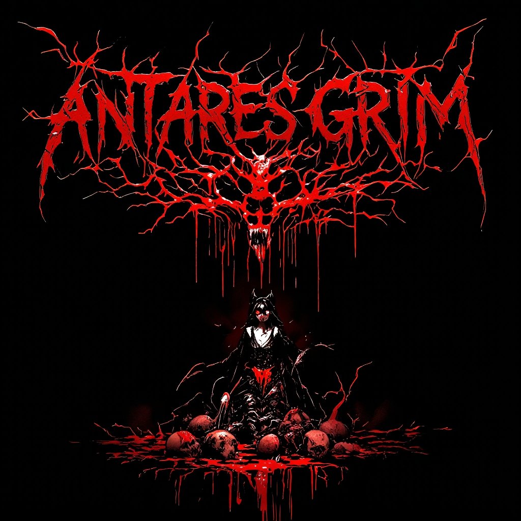 Creepy death metal band artwork, album cover art,
Extreme death metal logo design for the band name "Antares Grim". Highly complex and bloode red text on pure black background,Sharp, jagged, and elongated letter forms resembling thorny branches or lightning bolts. Symmetrical composition with extensions above and below. Dripping, melting effect on some letters, entire screen has a gloomy, dark atmosphere,Hatune miku, bloody Hatsune Miku wearing a flesh apron placed in the center of the screen, and countless human bones scattered around..,DonM7w1573dW0nd3rl4ndFX,assassinkahb style