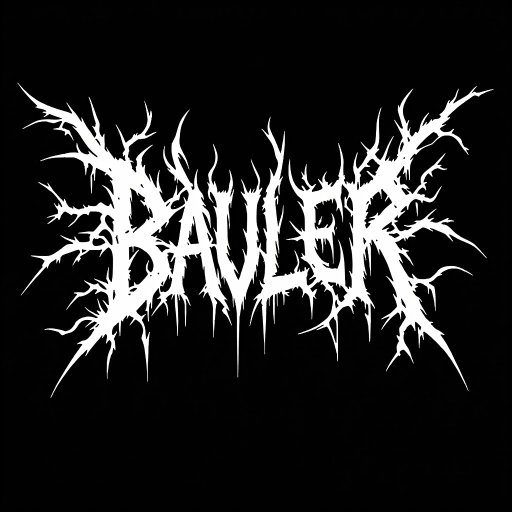 Extreme death metal logo design for the band name "BAULER". Highly complex and illegible white text on pure black background. Sharp, jagged, and elongated letter forms resembling thorny branches or lightning bolts. Symmetrical composition with extensions above and below. Dripping, melting effect on some letters. Incorporates spikes, serrated edges, and barbs throughout. Gothic and occult aesthetic with a hint of biomechanical elements. Perfectly balanced negative space between letters. High contrast black and white design without any gray tones. Evokes a sense of darkness, aggression, and otherworldly menace.