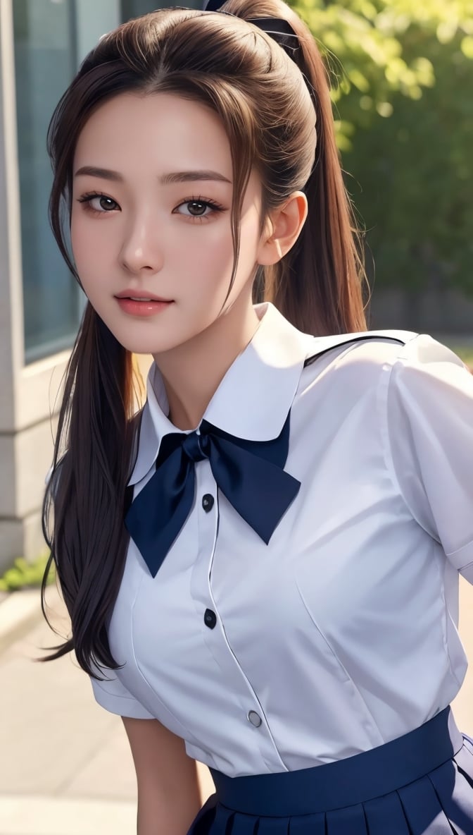 Super high resolution, masterpiece, highest quality,
Highly detailed face, detailed eyes, very complex, perfect shiny shiny skin, perfect lighting, detailed lighting, dramatic shadows, ray tracing, 18 years old, 1 girl, with ponytail hairstyle, upper body, school uniform, serafuku, pleated skirt, sailor collar, white shirt, , thighs, looking at camera, (smile: 0.4), acjc, surugirorashi