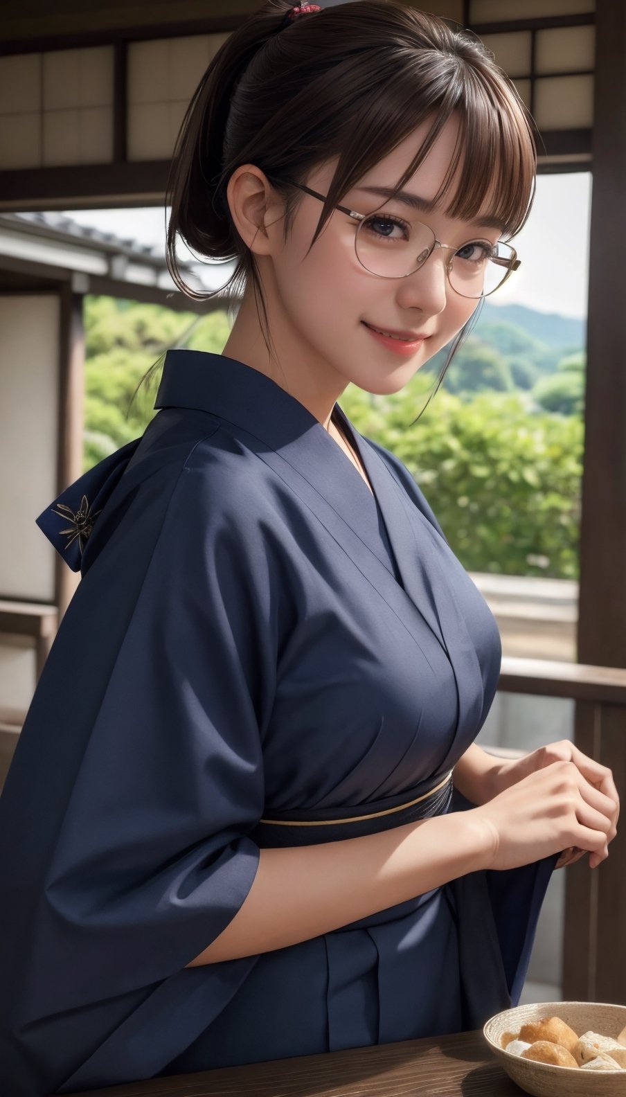 Real, masterpiece, highest quality, raw photo, 1 girl, solo, ponytail, 46 points diagonal bangs, brown hair, detailed face, glamorous face, evil smile, silver-rimmed glasses, dark blue yukata, medium breasts, dynamic pose , Japanese countryside, viewer's eye, from below, detailed background, detailed interior, intricate details, ray tracing, depth of field, low key, HDR, acjc