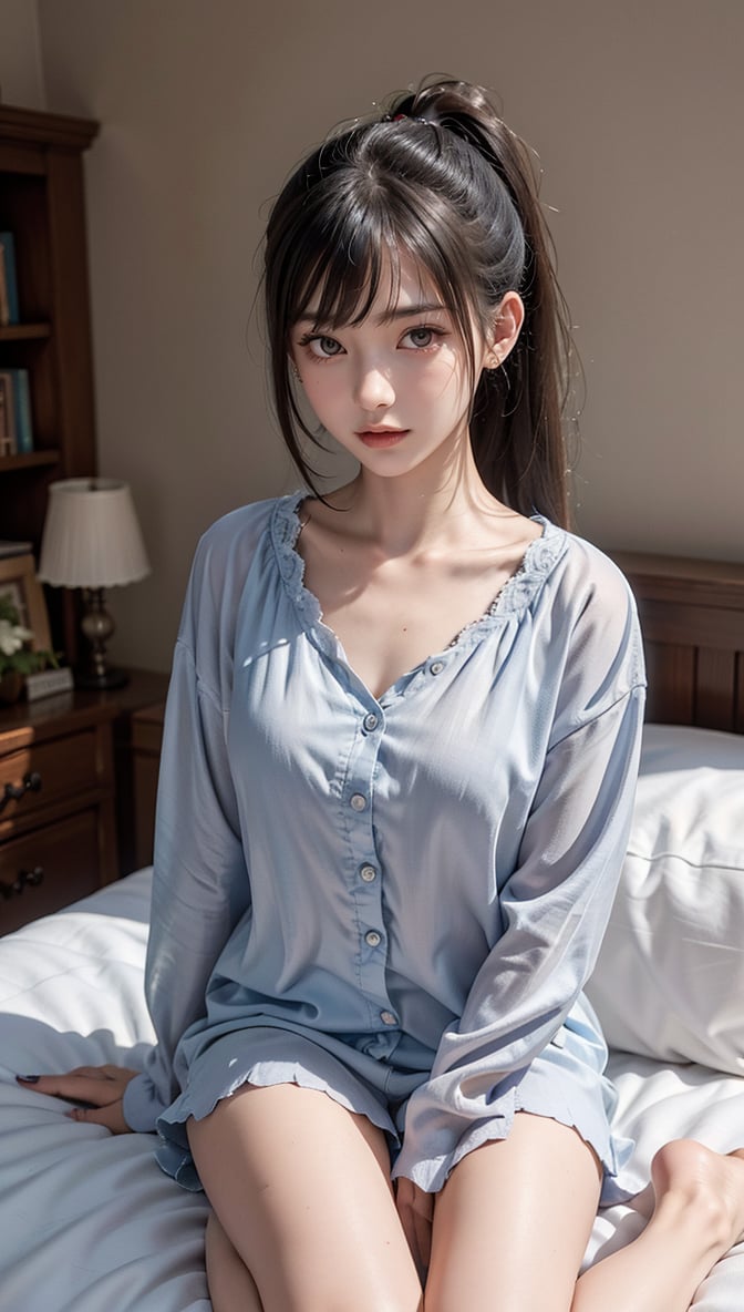 Ultra High Resolution, Masterpiece, Top Quality, High Resolution Face, Detailed Eyes, Very Hard, Perfectly Glowing Skin, Perfect Lighting, Detailed Lighting, Dramatic Shadows, Ray Tracing, 16 Years Old, 1 Girl, Inverted Triangle Face, Narrow Eyes, Ponytail, Pajamas, Silk Pajamas, On Bed, Bedroom, Black Nails, Black Hair, Long Sleeves, Bangs, Nail Polish, Ear Piercing, Staring at the Audience, (Smile: 0.4), little_cute_girl, Photo of a Woman, Chihara