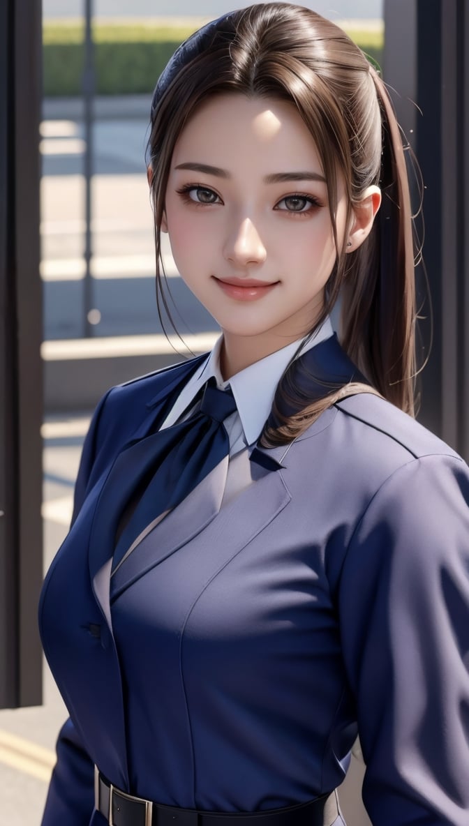 Ultra high resolution, masterpiece, top quality, highly detailed face, detailed eyes, very complex, perfect shiny shiny skin, perfect lighting, detailed lighting, dramatic shadows, ray tracing, 18 years old, 1 girl, pulled back hair, upper body, stewardess uniform, looking at camera, (smile): 0.4), acjc, surugirashi, minji