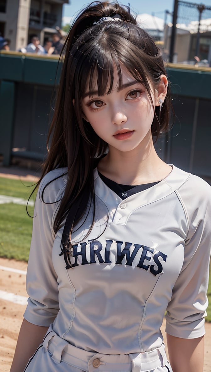 Ultra High Resolution, Masterpiece, Top Quality, High Resolution Face, Detailed Eyes, Very Difficult, Perfectly Glowing Skin, Perfect Lighting, Detailed Lighting, Dramatic Shadows, Ray Tracing, 16 Years Old, 1 Girl, Inverted Triangle Face, Narrow Eyes, Ponytail, (Baseball Uniform: 1.4), Baseball Player, Baseball Field, Red Eyes, Earrings, Jewelry, Black Nails, Black Hair, Long Sleeves, Bangs, Nail Polish, Ear Piercing, Staring at the Audience, (Smile: 0.4), little_cute_girl, Photo of a Woman, Chihara