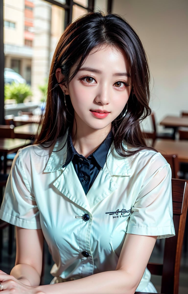 Close-up, masterpiece, best quality, raw photo, photorealistic, smiling, beautiful girl, cute, small face, long hair, depth of field, high resolution, super detailed, detailed, highly detailed eyes and face, sharp pupils, realistic pupils, sharp focus, cinematic lighting, uniform, sitting on a chair in a stylish cafe, upper body, , Bomi, beautiful woman