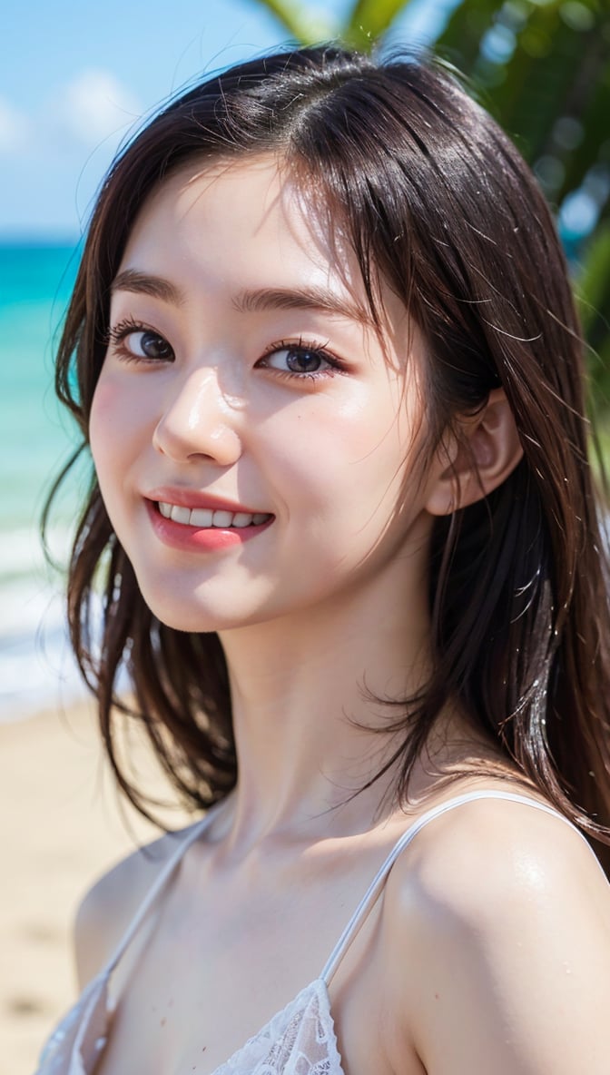 Highly detailed eyes, Highly detailed face, Top quality, Tabletop, Highly detailed, Highly detailed, (Realistic, Photorealistic: 1.3), Smiling, (Facing forward), Looking at viewer, Beach dress, 1 girl, Beach, Swimming, Tropical, Absurd, Attractive,hoshi