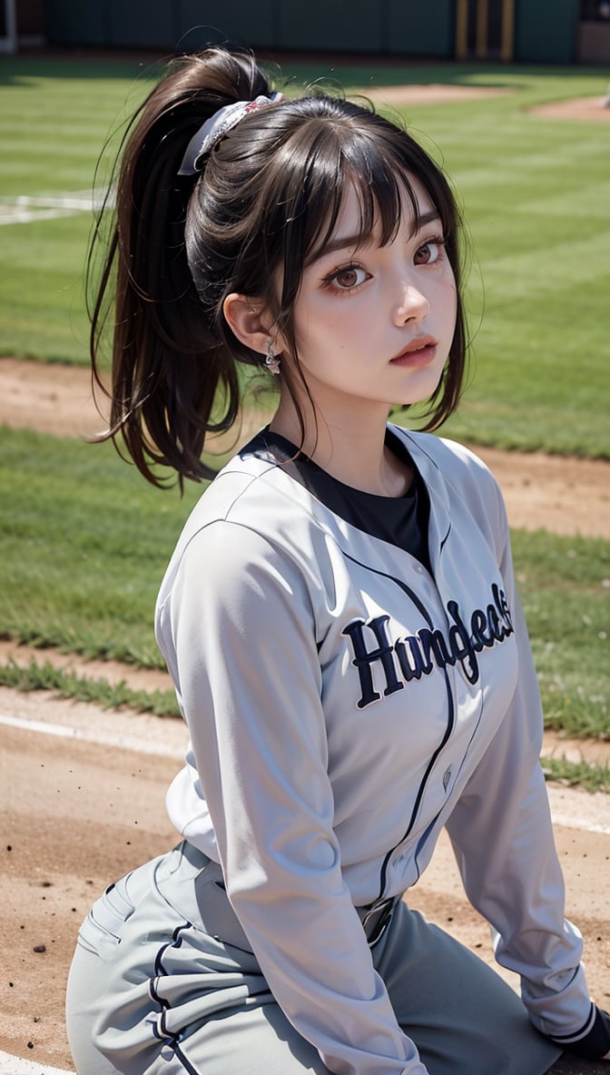 Ultra High Resolution, Masterpiece, Top Quality, High Resolution Face, Detailed Eyes, Very Difficult, Perfectly Glowing Skin, Perfect Lighting, Detailed Lighting, Dramatic Shadows, Ray Tracing, 16 Years Old, 1 Girl, Inverted Triangle Face, Narrow Eyes, Ponytail, (Baseball Uniform: 1.4), Baseball Player, Baseball Field, Red Eyes, Earrings, Jewelry, Black Nails, Black Hair, Long Sleeves, Bangs, Nail Polish, Ear Piercing, Staring at the Audience, (Smile: 0.4), little_cute_girl, Photo of a Woman, Chihara