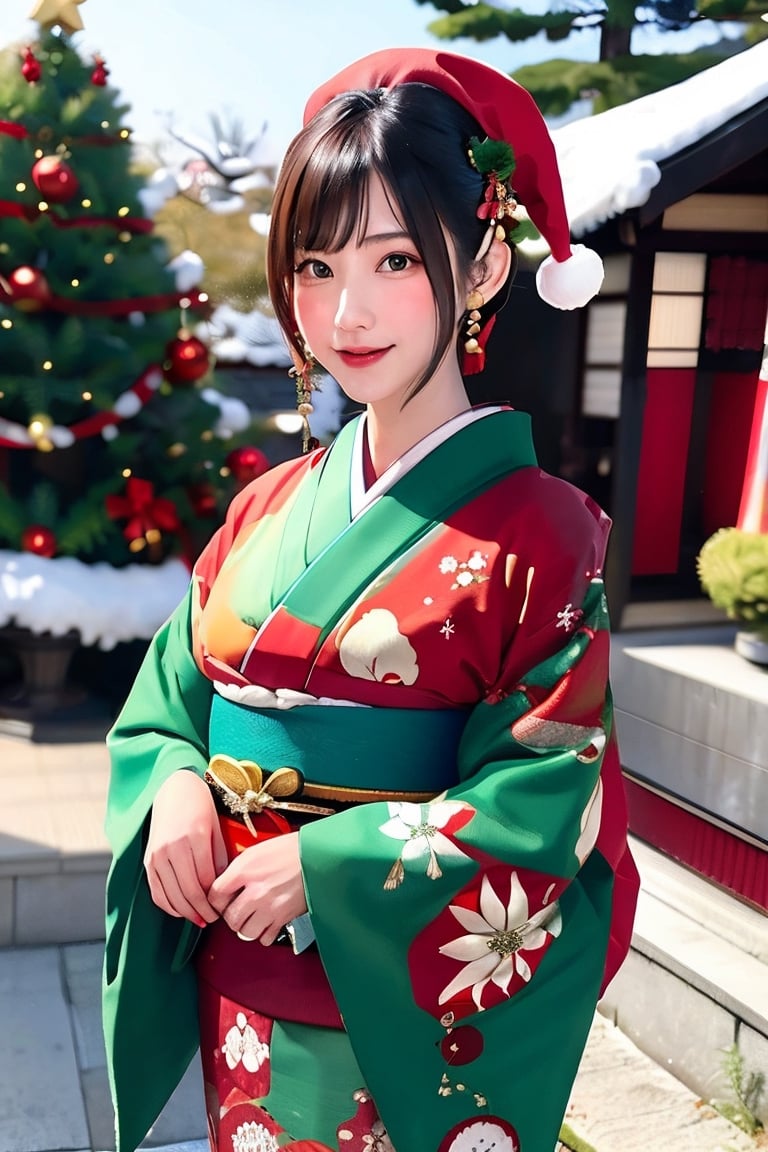 Warm lighting, beautiful Japanese girl, detailed face, shy smile, dark eyes, straight black hair, luxurious red hairpin, details (kimono in red and green Christmas colors, kimono pattern is fir tree), Santa Claus wearing a hat, Kyoto, outdoor, Christmas, upper body, real, SGBB, Wakami no Kokoro, Tifa FF7, acjc, Santa Claus,enako