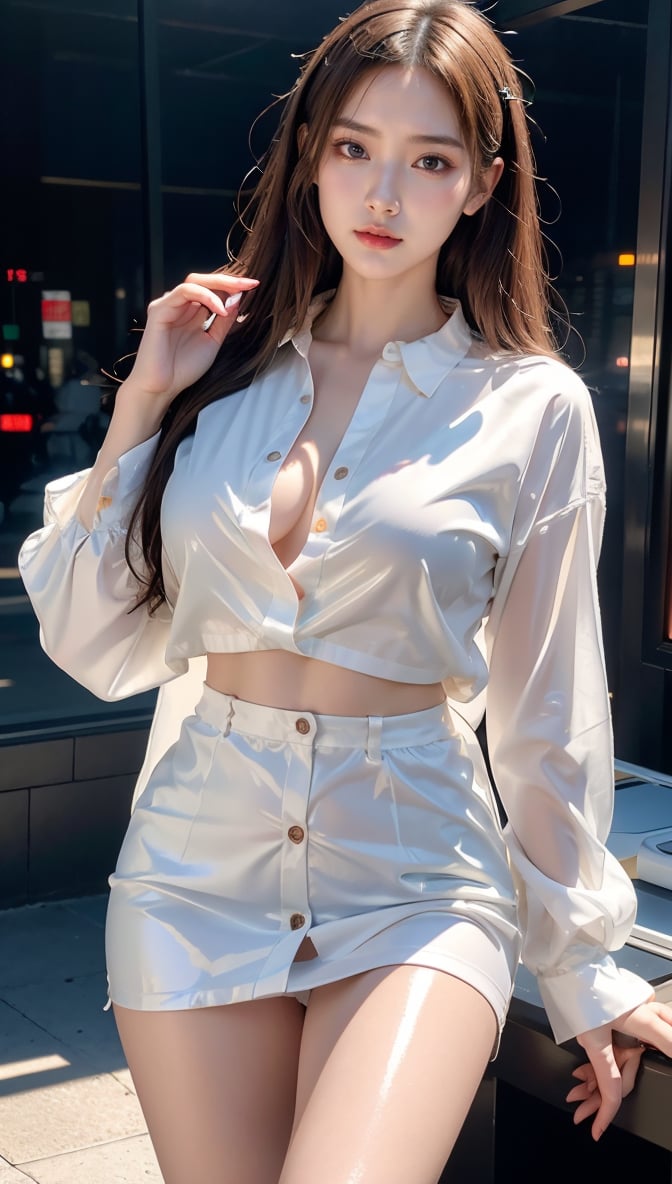 A high resolution,masutepiece,Best Quality, extremely delicate face,Detailed eyes,very intricate,perfect glossy shiny skins,Perfect Lighting,Detailed Lighting,Dramatic shadows,Ray tracing, 1girll,full body Esbian,white oversized button up shirt,view the viewer,Cyberpunk