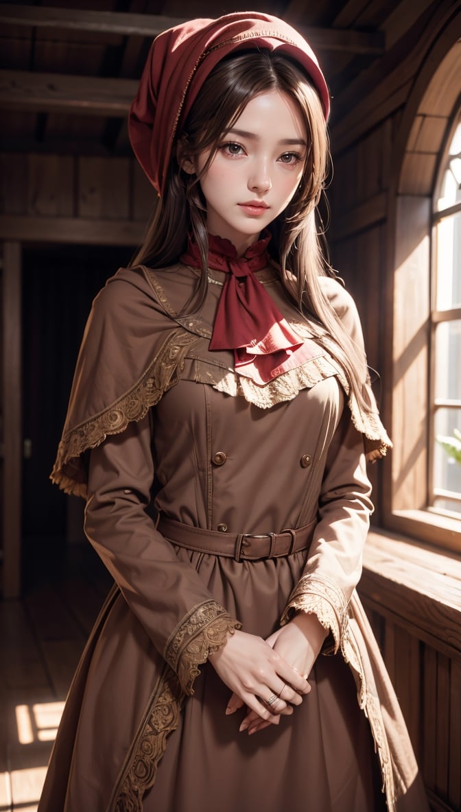 Realistic, as pictured, tabletop, highest quality, RAW photo, one girl, alone, long hair, brown hair, detailed face, attractive face, plain doll, bonnet, brown cloak, long dress, red ascot, medium chest, dynamic Pose, Show Viewer, From Below, Detailed Background, Fine Detail, Intricate Detail, Ray Tracing, Border Depth, Low Key, Realistic, Maria,plaindoll