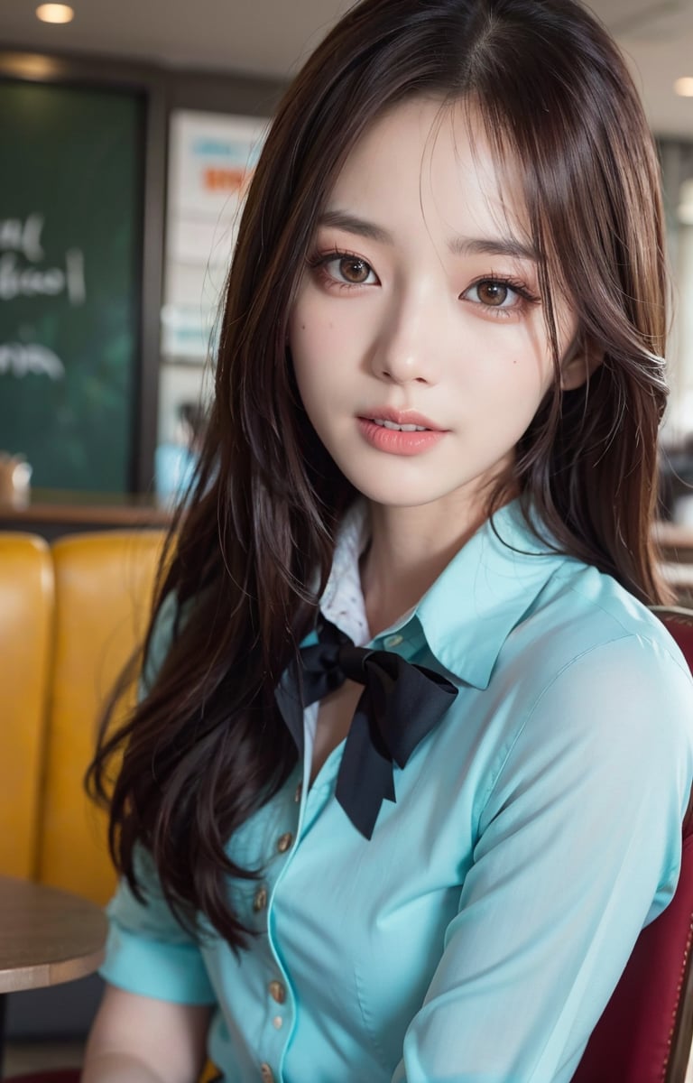 Close-up, masterpiece, best quality, raw photo, photorealistic, smiling, beautiful girl, cute, long hair, depth of field, high resolution, ultra detailed, detailed, highly detailed eyes and face, sharp pupils, realistic pupils, sharp focus, cinematic lighting, school uniform, sitting on a stylish cafe chair, upper body, , Bomi, beauty