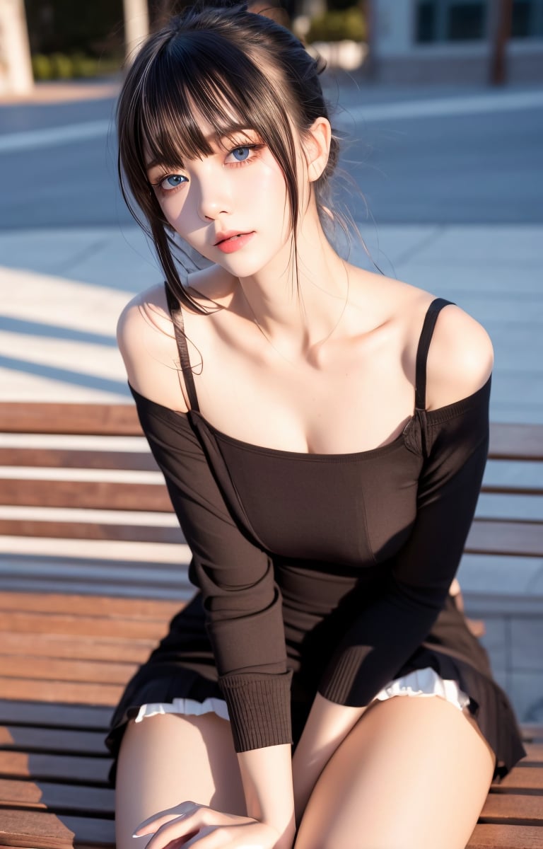 Bright expression, photorealism, highest quality, super high resolution, photo, the most beautiful Nordic girl photos, detailed, cute and beautiful face, small face, (pureerosface_v1:0.008), beautiful bangs, Alice in Wonderland, 15-year-old student, (thighs thighs thighs:1.2), full body Evian, shining white shiny skin, small face, bangs that reach the face, bangs, hair between the eyes, attractive black silky hair, clear light blue eyes are attractive, (winter uniform:1.2), (pleated skirt:1.2), eyeliner, park, sitting on a bench well-behaved, anatomically correct pose, double eyelids, ample breasts, gravure-like pose, NATSUMI