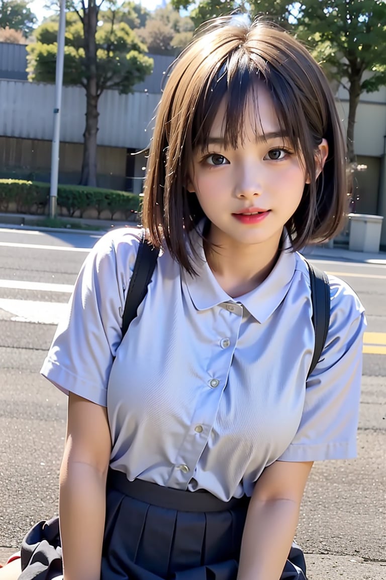 (((realistic))), ((medium_shot)), ((little_girl)),bob cut,straight_hair,(large breasts:1.3),thick thigh,(tight), sitting,looking back,slightly open mouth,((dynamic poses)),  high school uniform, ((school)), tokyo city,
