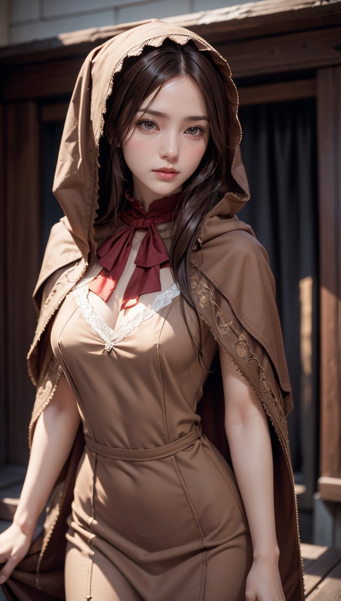 Realistic, as pictured, tabletop, highest quality, RAW photo, one girl, alone, long hair, brown hair, detailed face, attractive face, plain doll, bonnet, brown cloak, long dress, red ascot, medium chest, dynamic Pose, Show Viewer, From Below, Detailed Background, Fine Detail, Intricate Detail, Ray Tracing, Border Depth, Low Key, Realistic, Maria,plaindoll