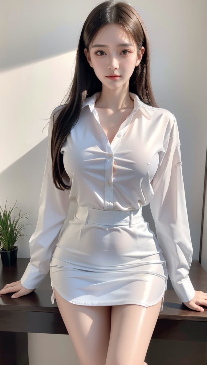 A high resolution,masutepiece,Best Quality, extremely delicate face,Detailed eyes,very intricate,perfect glossy shiny skins,Perfect Lighting,Detailed Lighting,Dramatic shadows,Ray tracing, 1girll,full body Esbian,white oversized button up shirt,view the viewer,Cyberpunk,school uniform ,Secretary_uniform