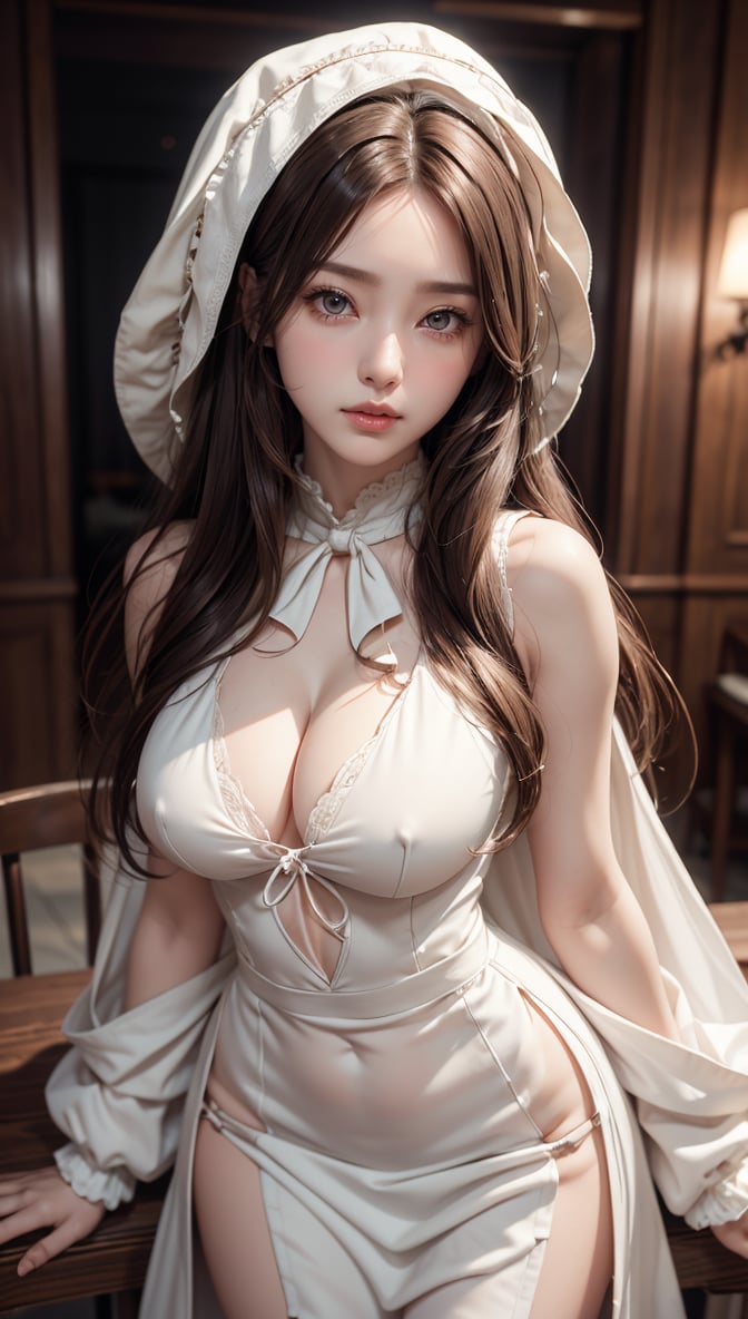 Realistic, Like the picture, Tabletop, highest quality, RAW Photos, One Girl, alone, Long Hair, Brown Hair, Detailed face, Attractive face, plaindoll, white hair, doll joints、bonnet, brown cloak, long dress, red ascot, Medium chest, Dynamic pose, View your viewers, From below, Detailed Background, Fine details, Intricate details, Ray Tracing, Depth of written boundary, Low Key, Hmph,angelchan,realistic,Maria, doll joints