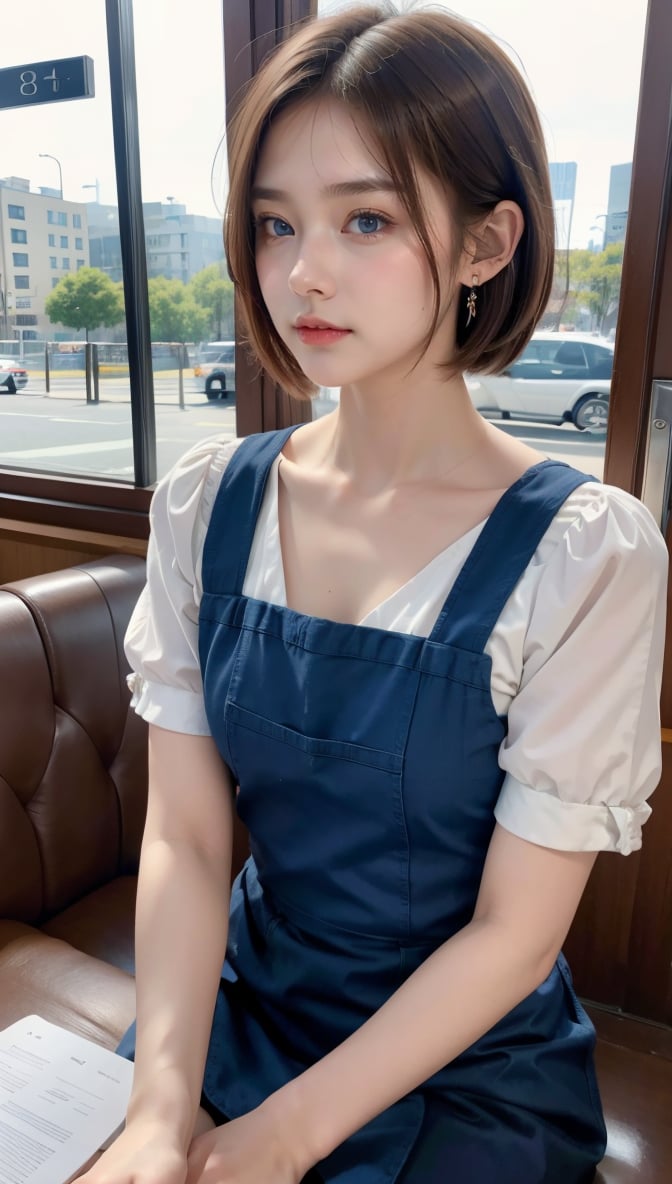 (8k, raw photo, best quality, masterpiece: 1.2), (realistic, photorealistic: 1.37), 1 girl, 19 years old, cute, adorable, (blue eyes), (shy smile: 0.4), (solo), facial details, oval face, pale almond-shaped eyes, (short brown hair: 1.3), hair over one eye, slim figure, medium breasts, navy maid costume, Akiba maid caffe,, head tilted, fluorescent light, sitting in coffee shop, by cafe, window, small head, (looking away), teenage girl, earrings, pen