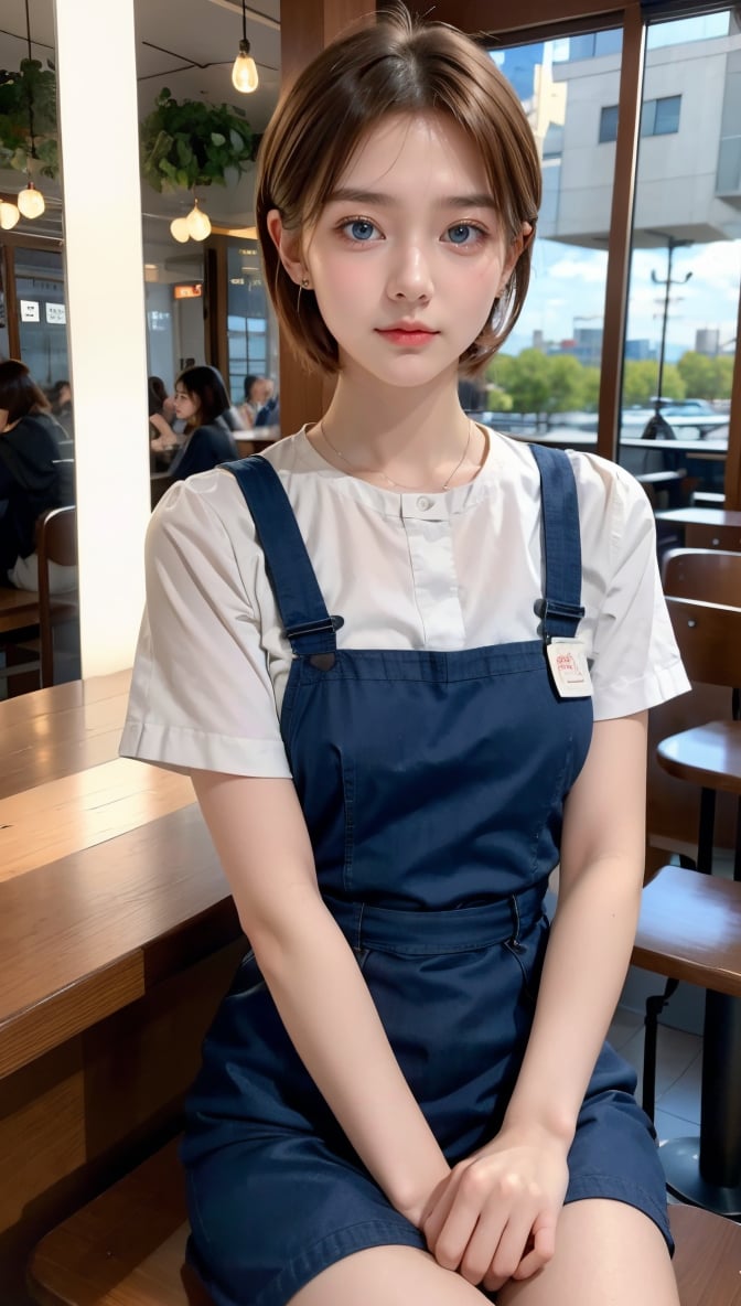 (8k, raw photo, best quality, masterpiece: 1.2), (realistic, photorealistic: 1.37), 1 girl, 19 years old, cute, adorable, (blue eyes), (shy smile: 0.4), (solo), facial details, oval face, pale almond-shaped eyes, (short brown hair: 1.3), hair over one eye, slim figure, medium breasts, navy maid costume, Akiba maid caffe,, head tilted, fluorescent light, sitting in coffee shop, by cafe, window, small head, (looking away), teenage girl, earrings, pen