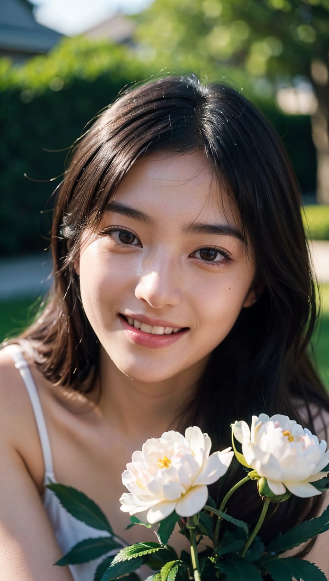 Masterpiece, DSLR photography, analog style, Nikon D5, live action photography, beautiful 16 year old female, dramatic lighting (85mm), flowering garden in background, (detailed face), (beautiful sparkling eyes), dynamic angle, Michelangelo style, long hair, Black shirt, smiling face: 1.4, Bzpeony