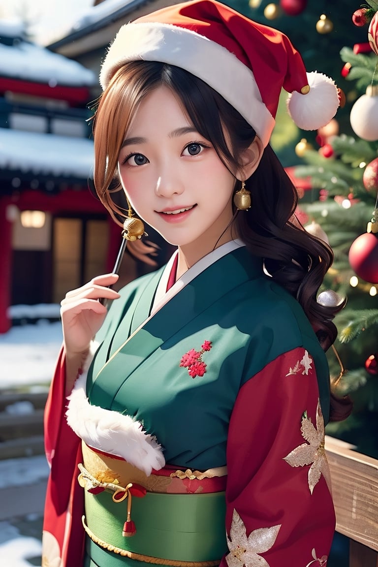 Warm lighting, beautiful Japanese girl, detailed face, shy smile, dark eyes, straight black hair, luxurious red hairpin, details (kimono in red and green Christmas colors, kimono pattern is fir tree), Santa Claus wearing a hat, Kyoto, outdoor, Christmas, upper body, real, SGBB, Wakami no Kokoro, Tifa FF7, acjc, Santa Claus,enako,school uniform,acjc