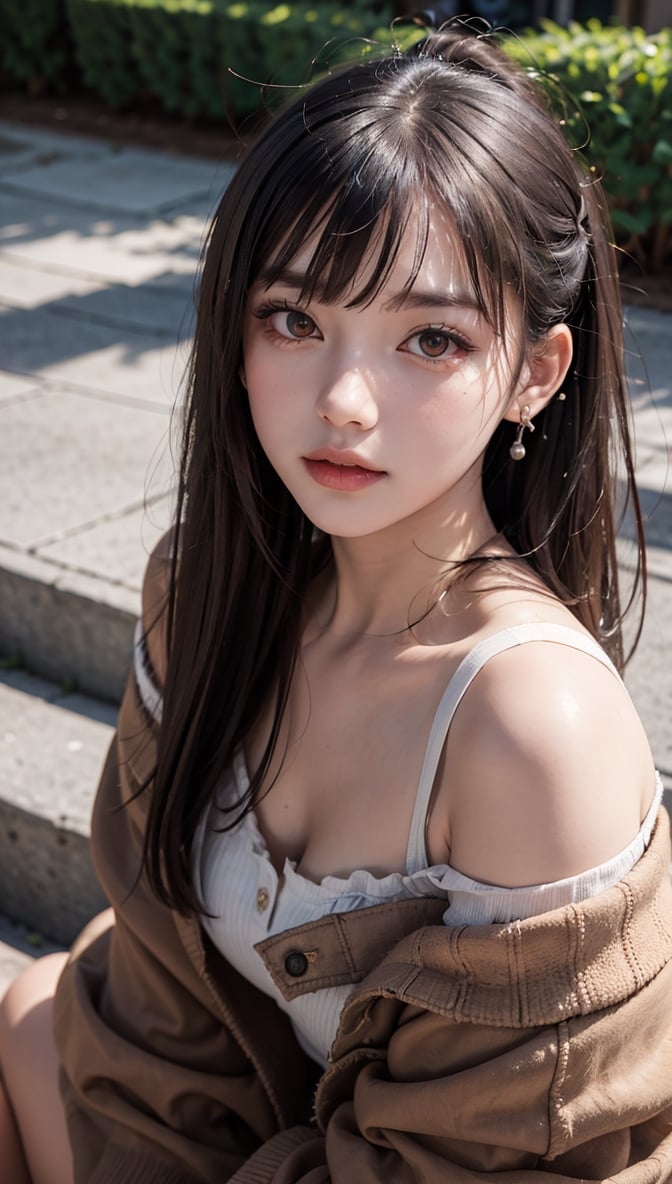 Super high resolution, masterpiece, top quality, high resolution face, detailed eyes, very difficult, perfect glowing skin, perfect lighting, detailed lighting, dramatic shadows, ray tracing, 16 years old, 1 girl, Inverted triangular face, slit eyes, ponytail, cat tail, red eyes, earrings, jewelry, black nails, off shoulder, black hair, long sleeves, bangs, nail polish, jacket, brown jacket, border, ear piercing, cat girl , collared shirt,, looking at the audience, (smile: 0.4), little_cute_girl, photo of a woman, Chihara