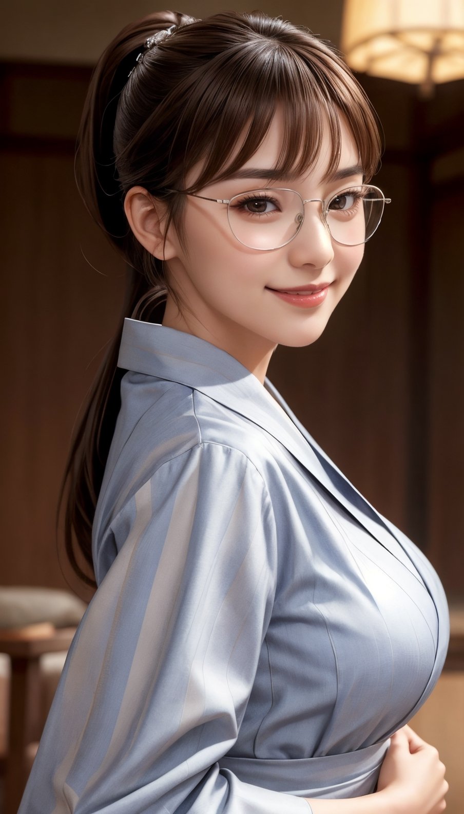 Real, masterpiece, highest quality, raw photo, 1 girl, solo, ponytail, 46 point diagonal bangs, brown hair, detailed face, glamorous face, wicked smile, silver-rimmed glasses, yukata, big breasts, dynamic pose, viewer eye, from below, detailed background, detailed interior, intricate details, ray tracing, depth of field, low key, HDR, acjc