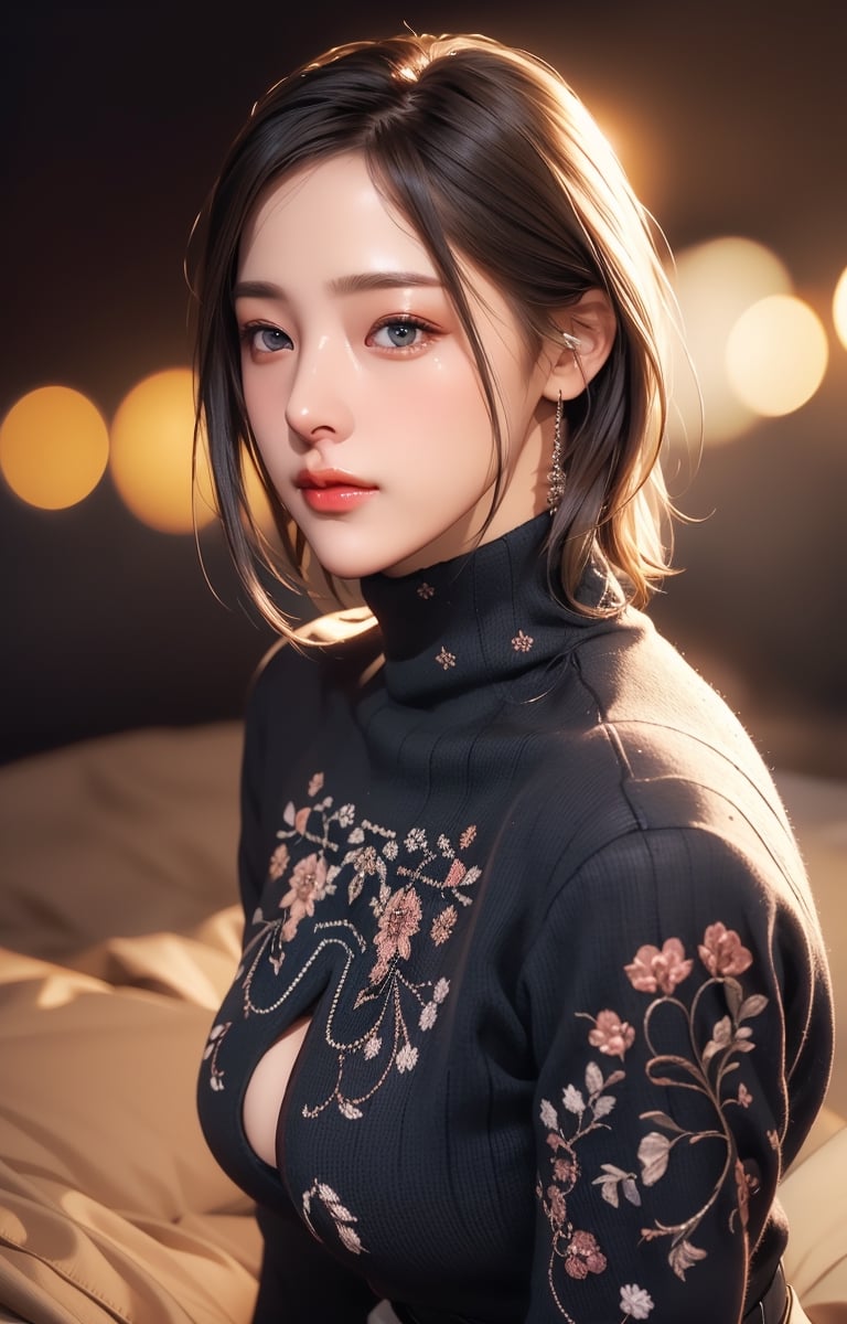 (Real, Photorealistic: 1.37), K-pop idol wearing turtleneck sweater, ((highest quality)), ((intricate details)), ((hyperreal)), absurd resolution, mature woman, mature woman, perspective, highly detailed illustration , 1 girl, medium breasted, perfect hands, detailed fingers, beautiful detailed eyes, short hair, brown eyes, (turtleneck: 1.2), tight skirt, detailed background, choker, perfect eyes, seductive Eyes, looking at the viewer, from the front