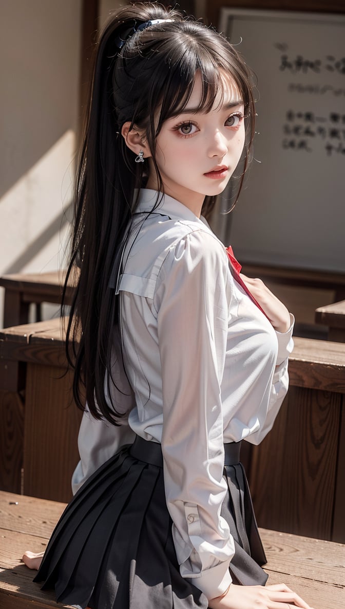 Ultra High Resolution, Masterpiece, Top Quality, High Resolution Face, Detailed Eyes, Very Difficult, Perfectly Glowing Skin, Perfect Lighting, Detailed Lighting, Dramatic Shadows, Ray Tracing, 16 Years Old, 1 Girl, Inverted Triangle Face, Narrow Eyes, Ponytail,, Uniform, Sailor Suit, Pleated Skirt, Sailor Collar, White Shirt, Red Eyes, Earrings, Jewelry, Black Nails, Black Hair, Long Sleeves, Bangs, Nail Polish, Ear Piercing, Staring at Audience, (Smile: 0.4), School Classroom, Staring Across Desk, little_cute_girl, Photo of Woman, Chihara