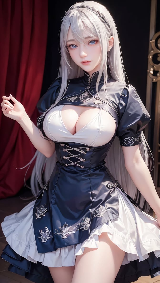 absurd, essential, best quality, nffsw, 1 female, mature female, (sharp focus), villain smile, medium breasts, (long silver hair), hime style, hime hair, (blue eyes), (detailed eyes), red and white nugoth dress, short sleeves, thighs, realism, Black_castle, highly detailed, vibrant, intricate details, photorealistic, Sulgilorashi, d4sh4, 2b, plain doll, fancy clothes