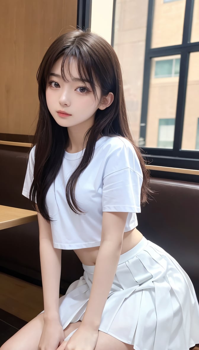 (Tabletop, highest quality: 1.2), 8K, 18 years old, 85mm, official art, raw photo, absurdity, white shirt, cute face, thin face, upper body, purple, gardenia, beautiful girl, casual clothes, long skirt, thin Waist, thighs, short sleeves, sitting facing the viewer in a cafe, no makeup, (heartbreaking smile: 0.4), film grain, chromatic aberration, sharp focus, face light, clear lighting, teen, detailed face, background blur,, huge, cute girl, girl, real hand, seulgi, samme