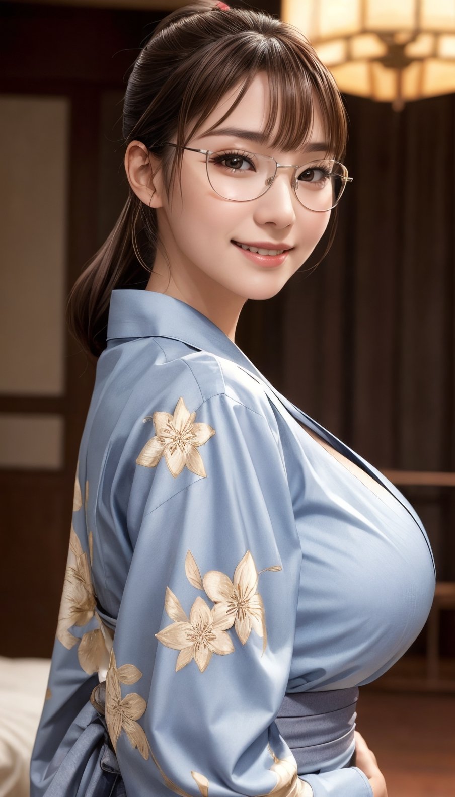 Real, masterpiece, highest quality, raw photo, 1 girl, solo, ponytail, 46 point diagonal bangs, brown hair, detailed face, glamorous face, wicked smile, silver-rimmed glasses, yukata, big breasts, dynamic pose, viewer eye, from below, detailed background, detailed interior, intricate details, ray tracing, depth of field, low key, HDR, acjc