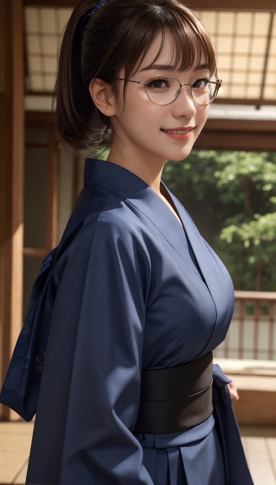 Real, masterpiece, highest quality, raw photo, 1 girl, solo, ponytail, 46 points diagonal bangs, brown hair, detailed face, glamorous face, evil smile, silver-rimmed glasses, dark blue yukata, medium breasts, dynamic pose , Japanese countryside, viewer's eye, from below, detailed background, detailed interior, intricate details, ray tracing, depth of field, low key, HDR, acjc