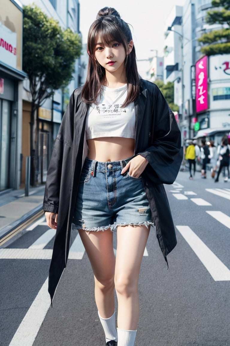 Warm lighting, beautiful Japanese girl, detailed face, sad smile, dark eyes, straight black hair, street fashion, Harajuku, walking, above the thighs, real Japanese girl yurayura_yuura, Enako, wearing a crop shirt with underboob So real