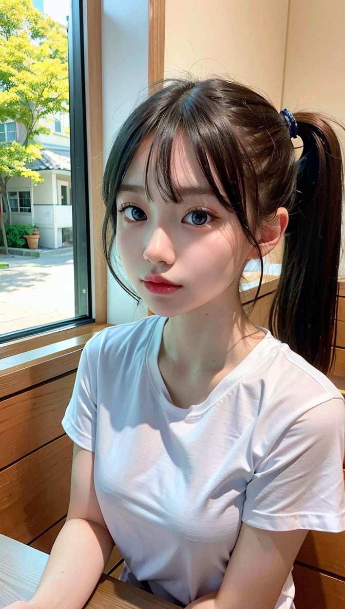 (8K, Raw photography, top-quality, masterpiece:1.2), (realisitic, Photorealsitic:1.37), 1 girl in, 16 only, cute little, idolable, (blue eyes), (Shy smile:0.4), (Solo ), detailed face, oval-face, Thin almond eyes, ponyTail, A slender, medium breasts, jaket, White tee shirt, Dramatic Angle, tilt of the head, fluorescent lamp, Inside the coffee shop, Sitting by the window, small head, (Facing the other side), teens girl,enako