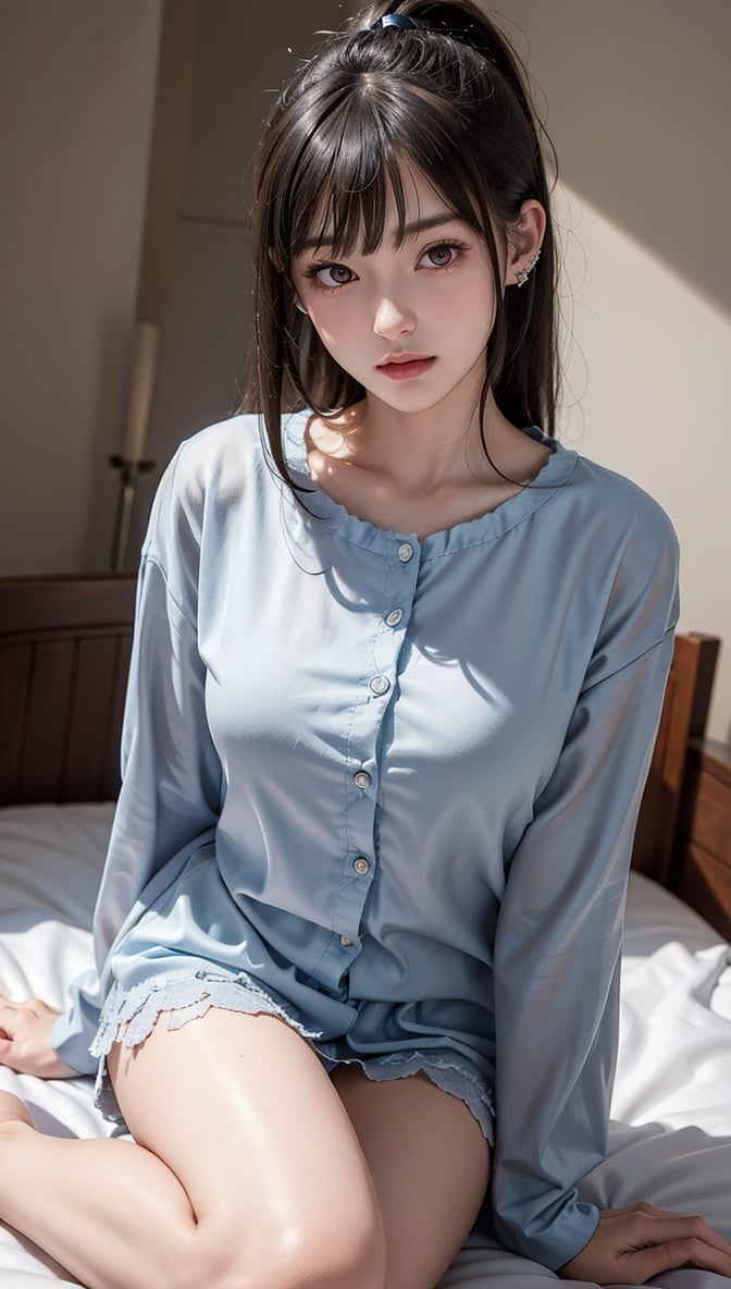 Ultra High Resolution, Masterpiece, Top Quality, High Resolution Face, Detailed Eyes, Very Hard, Perfectly Glowing Skin, Perfect Lighting, Detailed Lighting, Dramatic Shadows, Ray Tracing, 16 Years Old, 1 Girl, Inverted Triangle Face, Narrow Eyes, Ponytail, Pajamas, Silk Pajamas, On Bed, Bedroom, Black Nails, Black Hair, Long Sleeves, Bangs, Nail Polish, Ear Piercing, Staring at the Audience, (Smile: 0.4), little_cute_girl, Photo of a Woman, Chihara