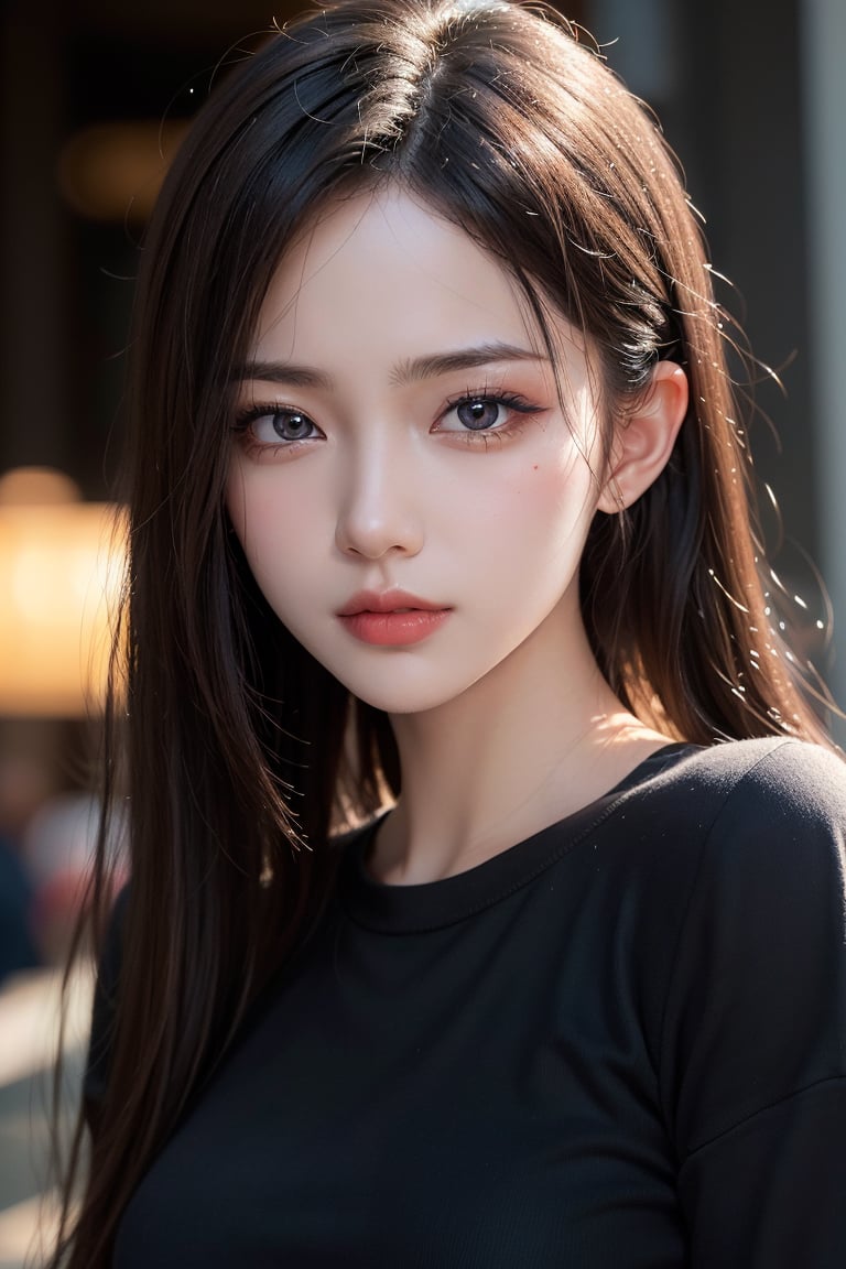 ultra high res,masterpiece,best quality, very detailde face,detailed eyes,extremely intricate,perfect glossy shiny skins,perfect lighting,detailed lighting,dramatic shadows,ray tracing, 1girl,upper body,black shirt,looking at viewer,,cute girl