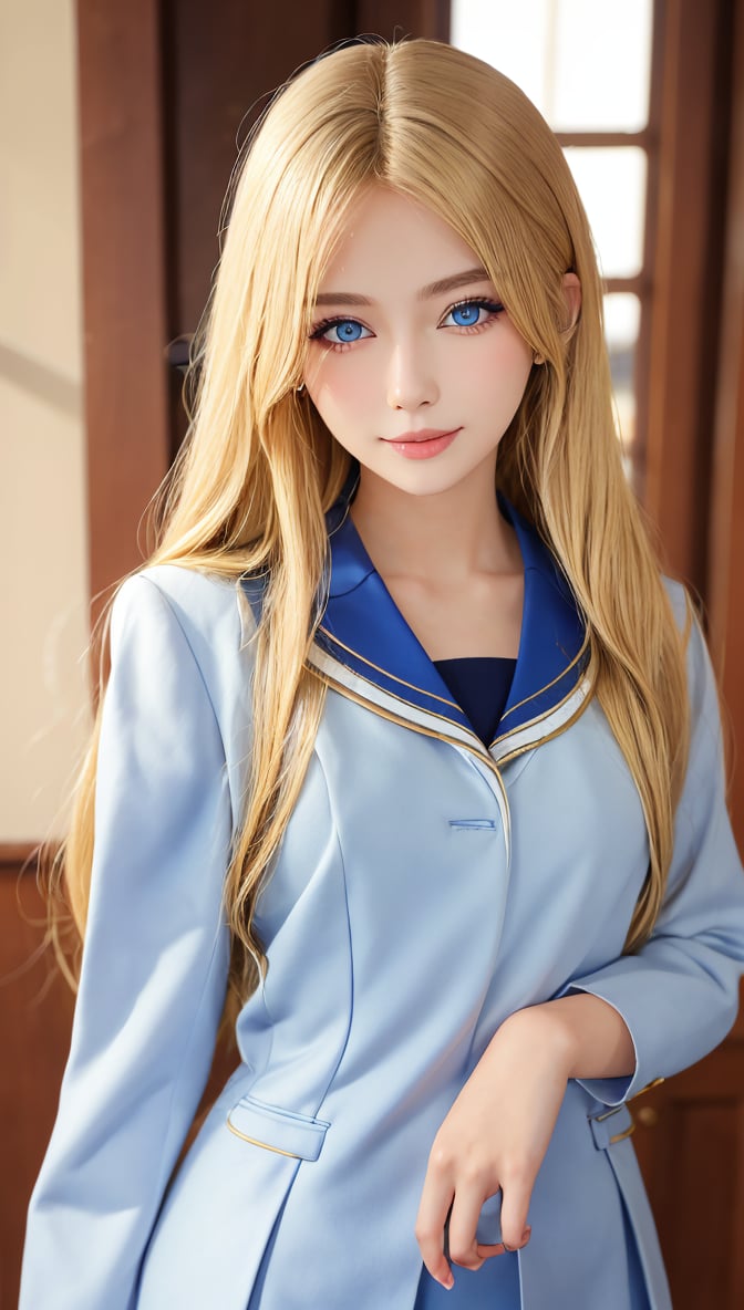 masterpiece, Best image quality, high quality, Beautiful girls,Girl, long blonde hair, blue eyes, sharp features, white skin, young girl, (evil smile: 0.6), formal, school atmosphere,Detailedface,3va,monkren,school uniform