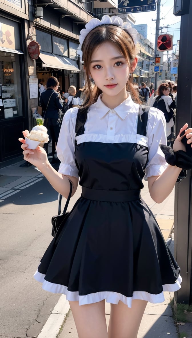 High resolution, muste piece, top quality, very delicate face, detailed eyes, very complex, shiny skin, perfect lighting, detailed lighting, dramatic shadows, ray tracing, one girl, thigh karaage, maid costume, Akiba maid caffe,, walking in the store, viewer, cyberpunk,traditional maid