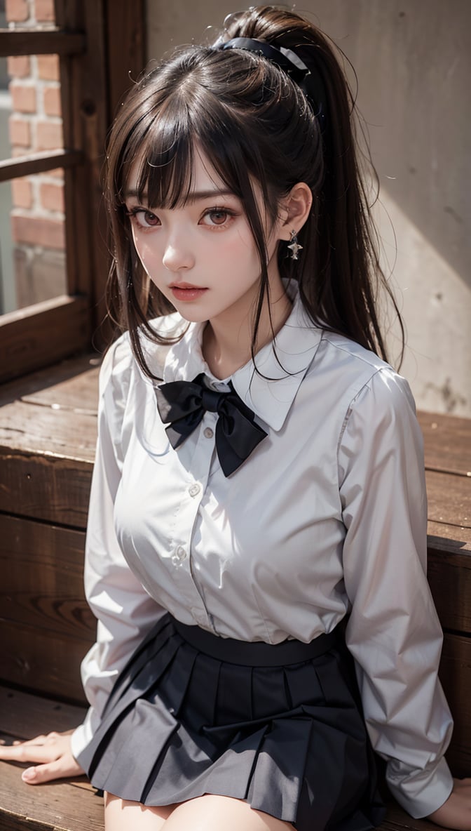 Ultra High Resolution, Masterpiece, Top Quality, High Resolution Face, Detailed Eyes, Very Difficult, Perfectly Glowing Skin, Perfect Lighting, Detailed Lighting, Dramatic Shadows, Ray Tracing, 16 Years Old, 1 Girl, Inverted Triangle Face, Narrow Eyes, Ponytail,, School Uniform, Sailor Uniform, Pleated Skirt, Sailor Collar, White Shirt, Red Eyes, Earrings, Jewelry, Black Nails, Black Hair, Long Sleeves, Bangs, Nail Polish, Ear Piercing, Staring at the Audience, (Smile: 0.4), little_cute_girl, Photo of a Woman, Chihara